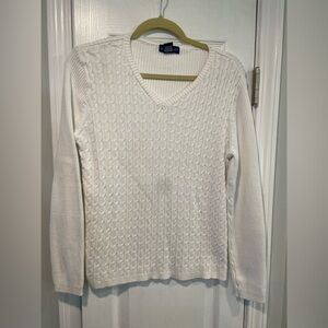 Karen Scott Size L White Cotton Cable Knit V Neck Long Sleeve Ribbed Sweater